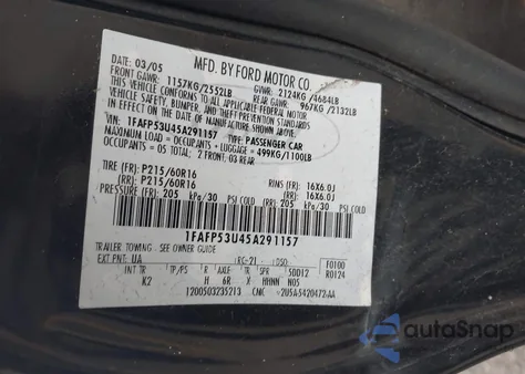 2005 Ford Taurus Se z USA, uszkodzony, nr VIN 1FAFP53U45A291157